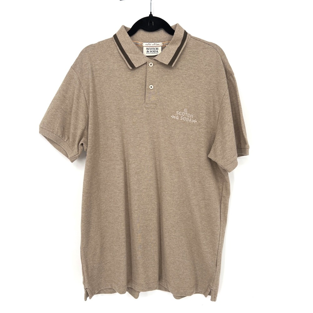 Scotch & Soda Large Tan Heathered Pique Polo Shirt Logo Casual‎ Streetwear EUC